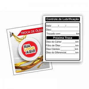 Adesivo troca de óleo Eletrolástico 6x6cm Frente colorido e verso preto e branco  Corte Reto 